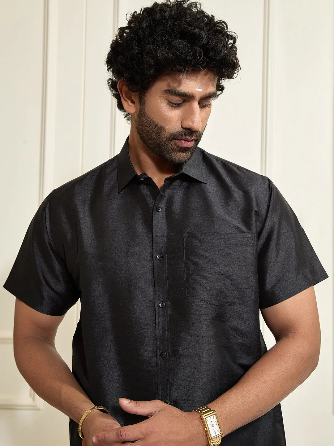 VM By VASTRAMAY Men's Black Silk Blend Ethnic Shirt