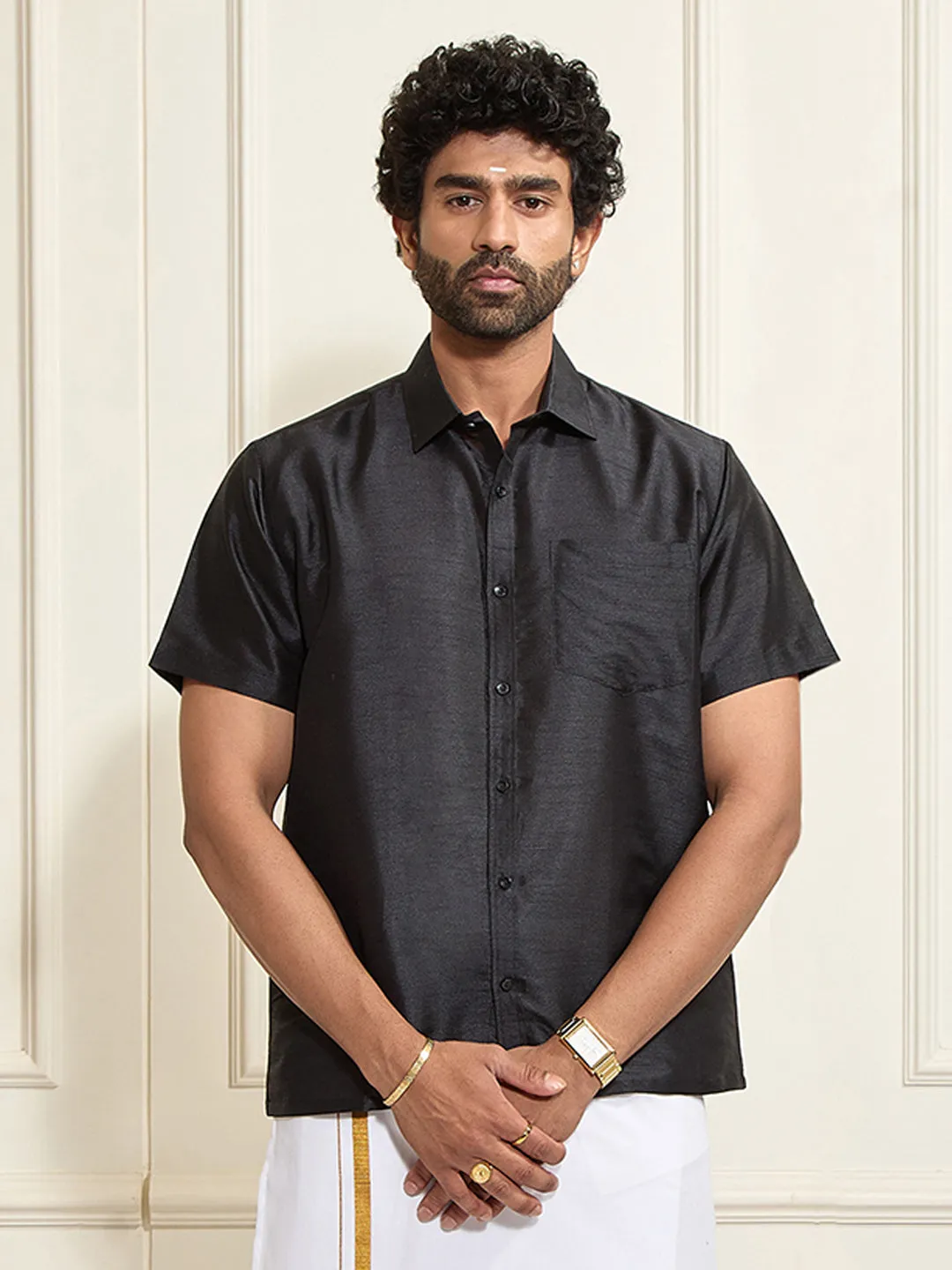 VM By VASTRAMAY Men's Black Silk Blend Ethnic Shirt