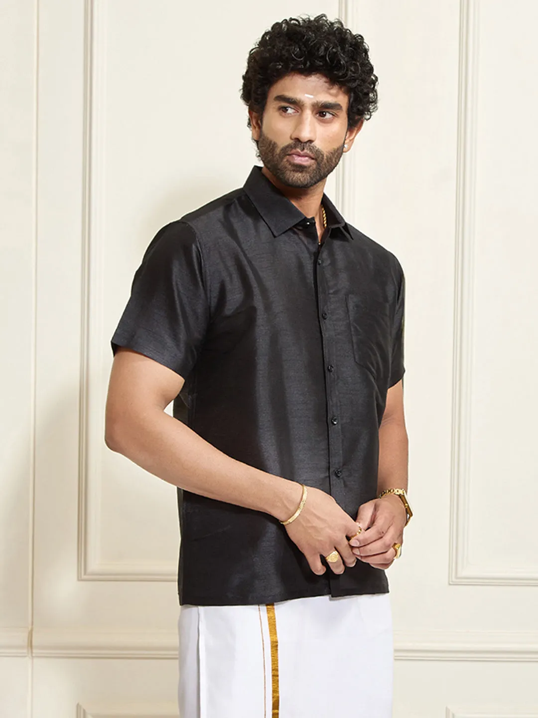 VM By VASTRAMAY Men's Black Silk Blend Ethnic Shirt