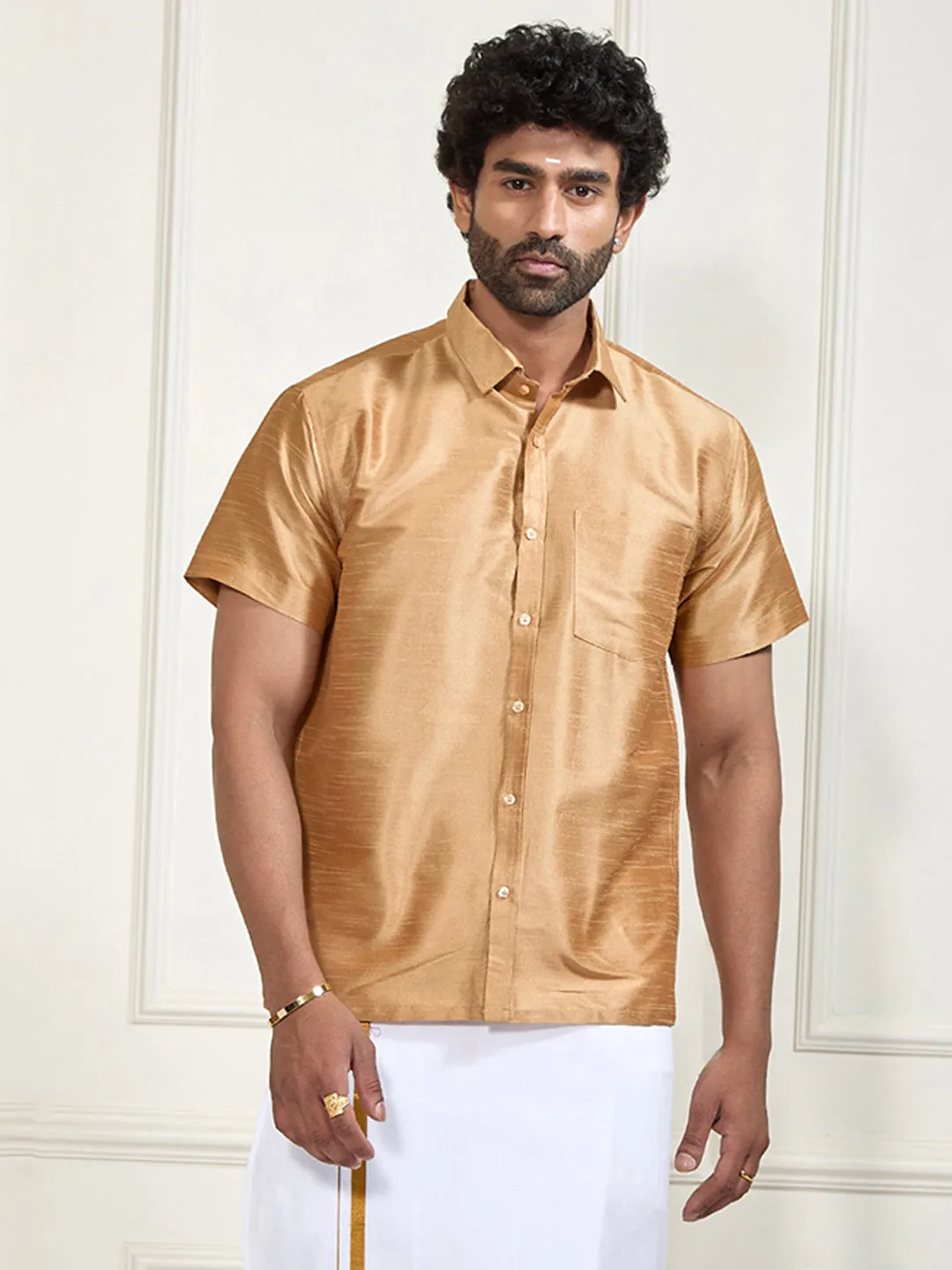 VM By VASTRAMAY Men's Gold Silk Blend Ethnic Shirt