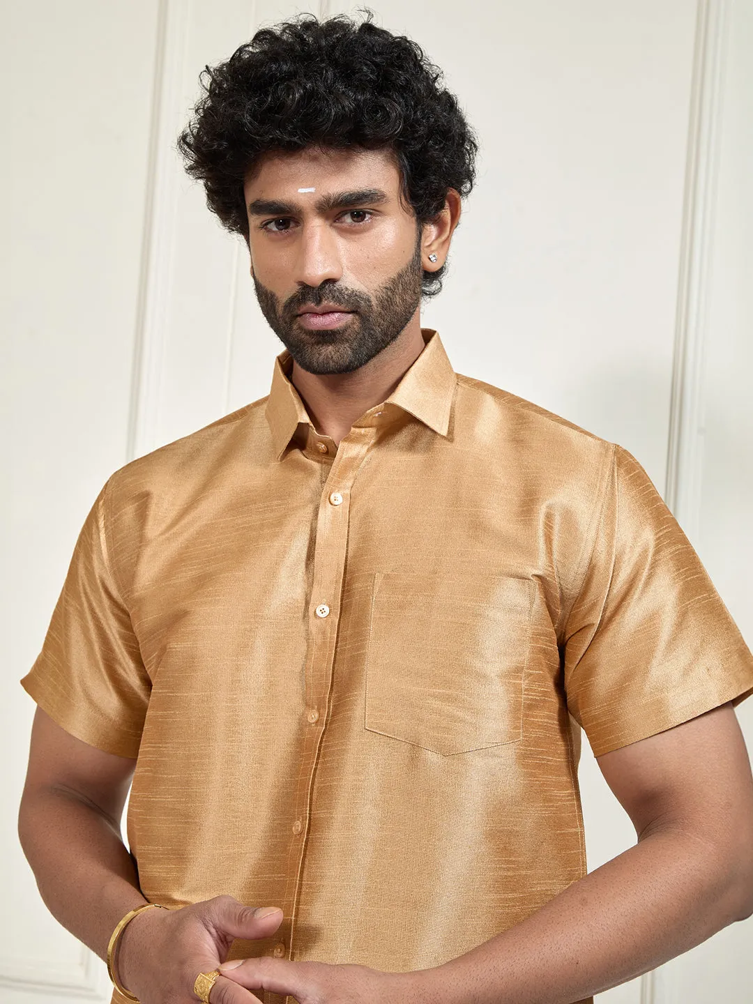 VM By VASTRAMAY Men's Gold Silk Blend Ethnic Shirt