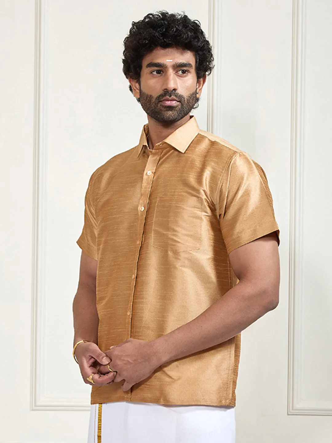 VM By VASTRAMAY Men's Gold Silk Blend Ethnic Shirt