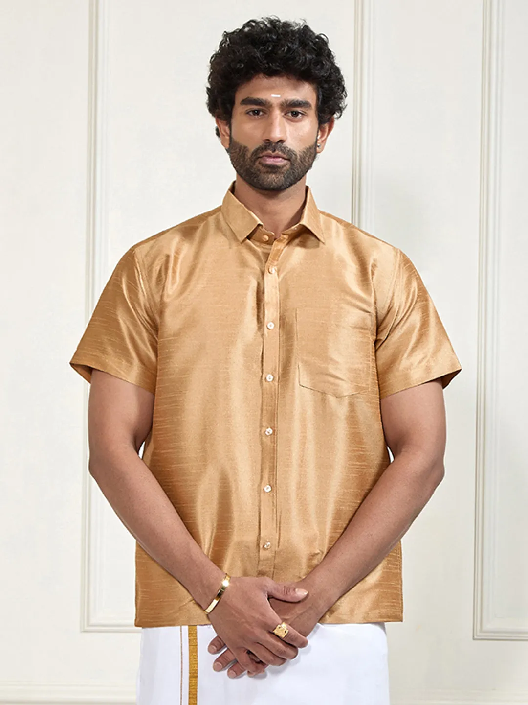 VM By VASTRAMAY Men's Gold Silk Blend Ethnic Shirt