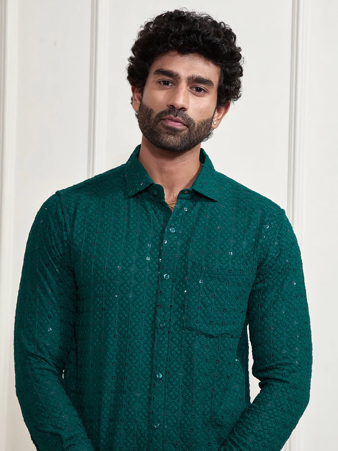 VM By VASTRAMAY Men's Green Rayon Embellished Shirt