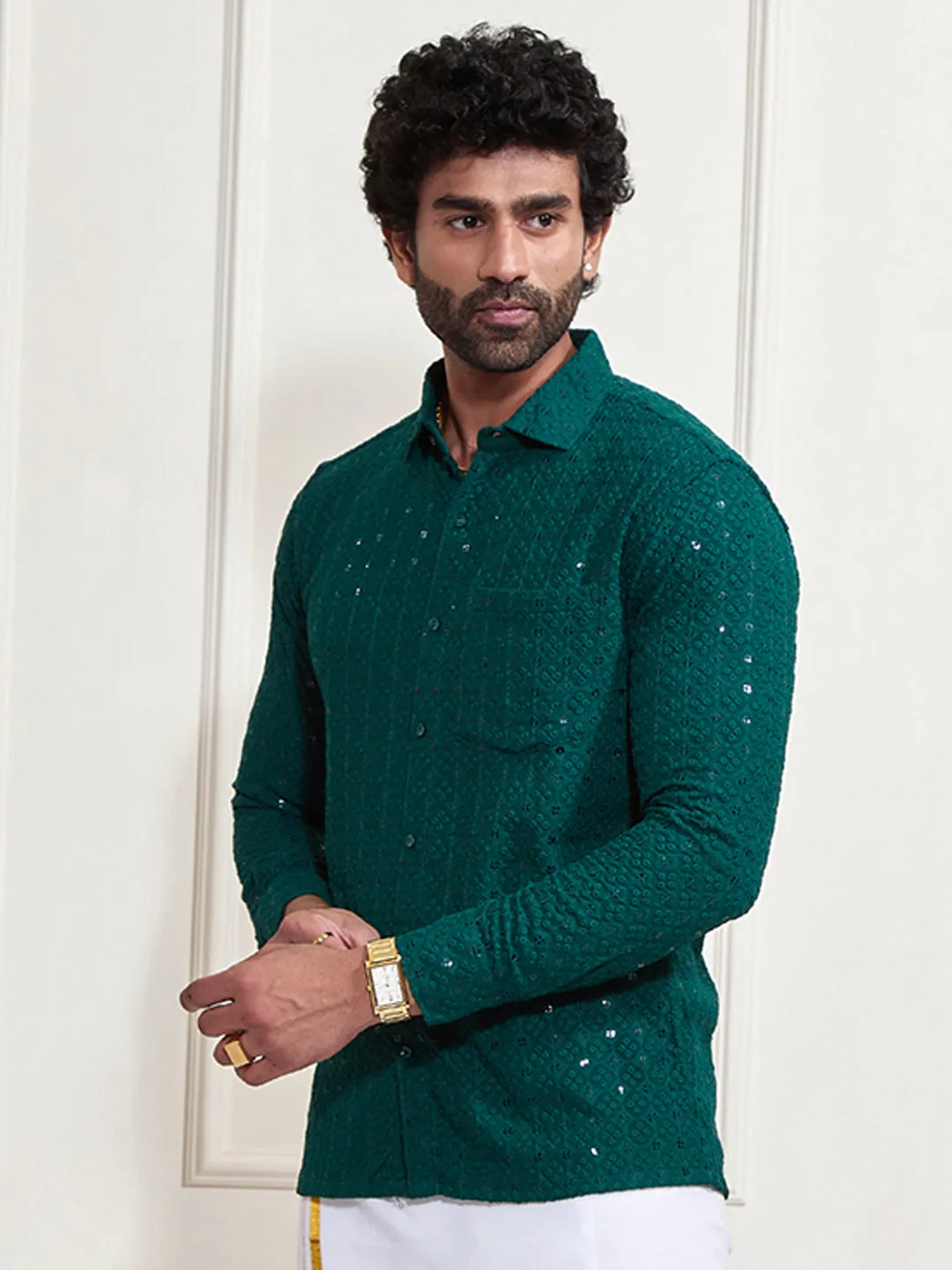 VM By VASTRAMAY Men's Green Rayon Embellished Shirt