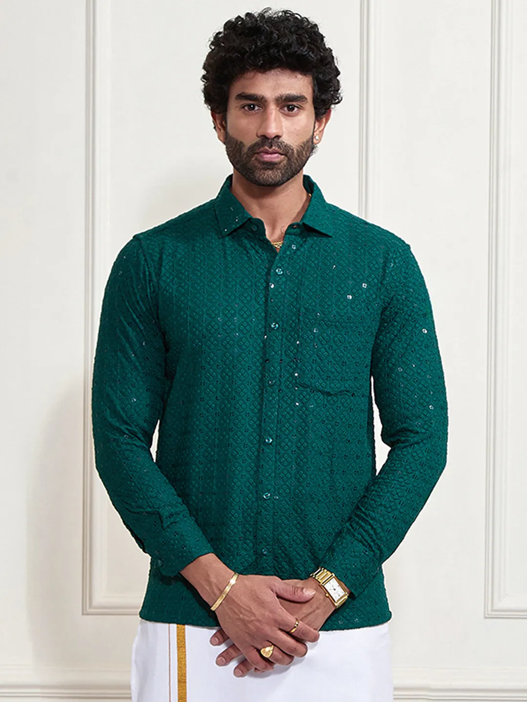 VM By VASTRAMAY Men's Green Rayon Embellished Shirt