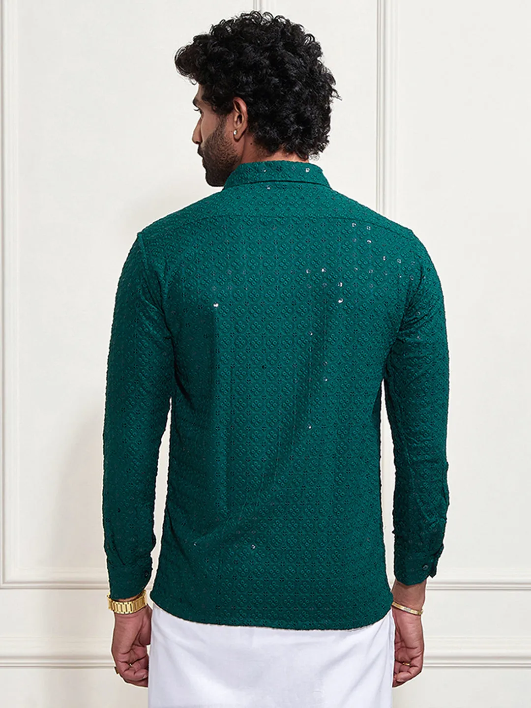 VM By VASTRAMAY Men's Green Rayon Embellished Shirt