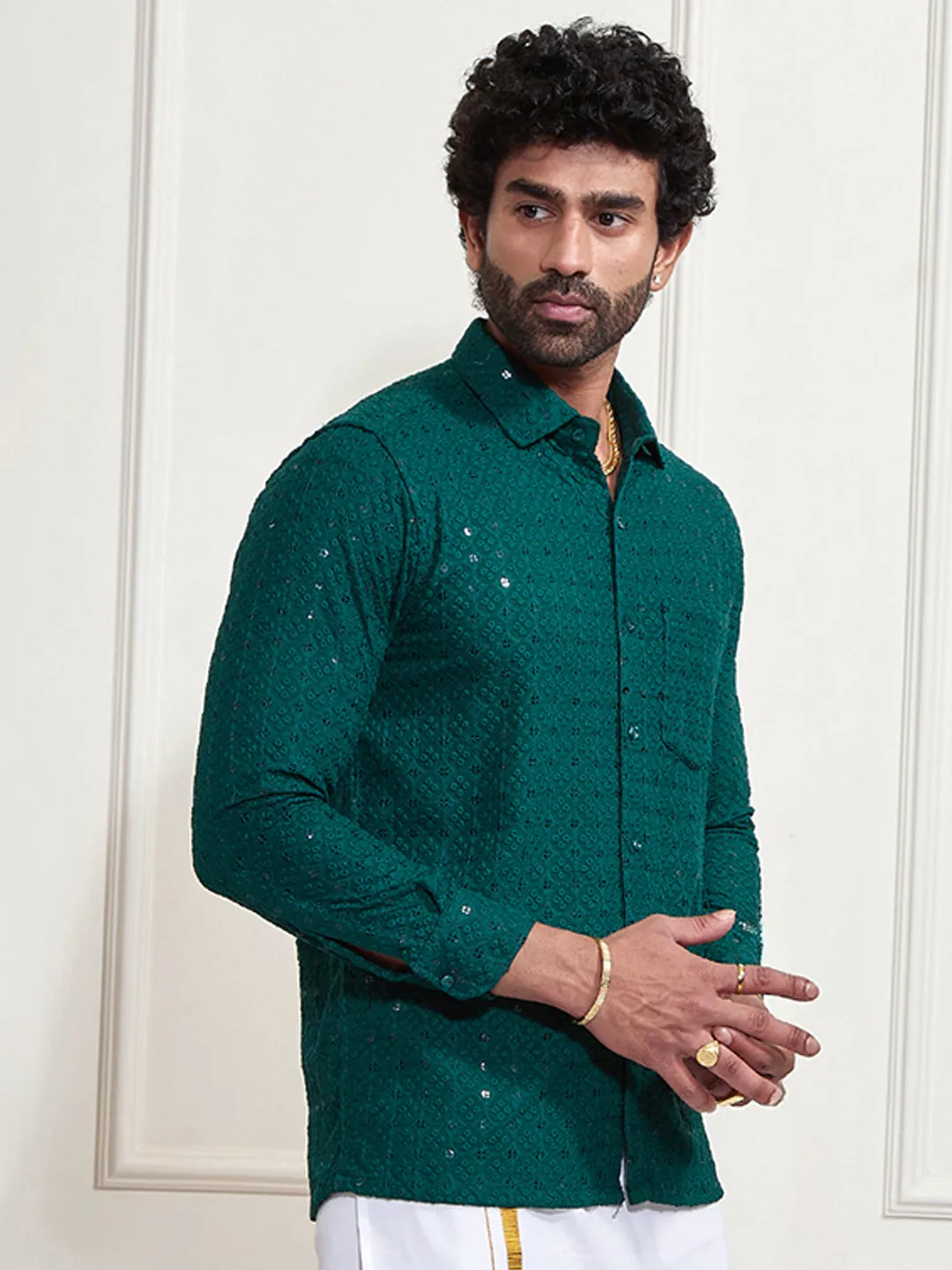 VM By VASTRAMAY Men's Green Rayon Embellished Shirt