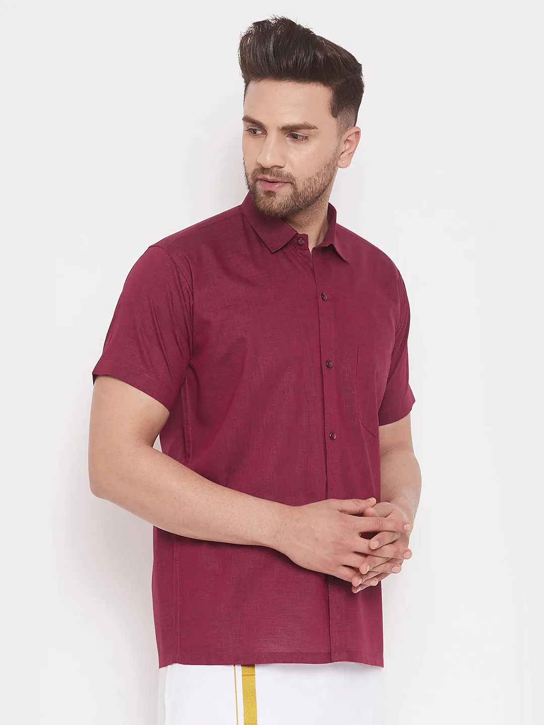 VM BY VASTRAMAY Men's Maroon Cotton Blend Ethnic Shirt