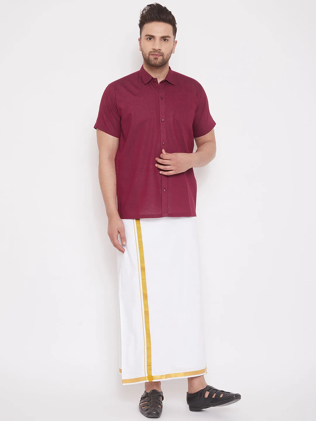 VM BY VASTRAMAY Men's Maroon Cotton Blend Ethnic Shirt