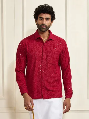 VM By VASTRAMAY Men's Maroon Rayon Embellished Shirt