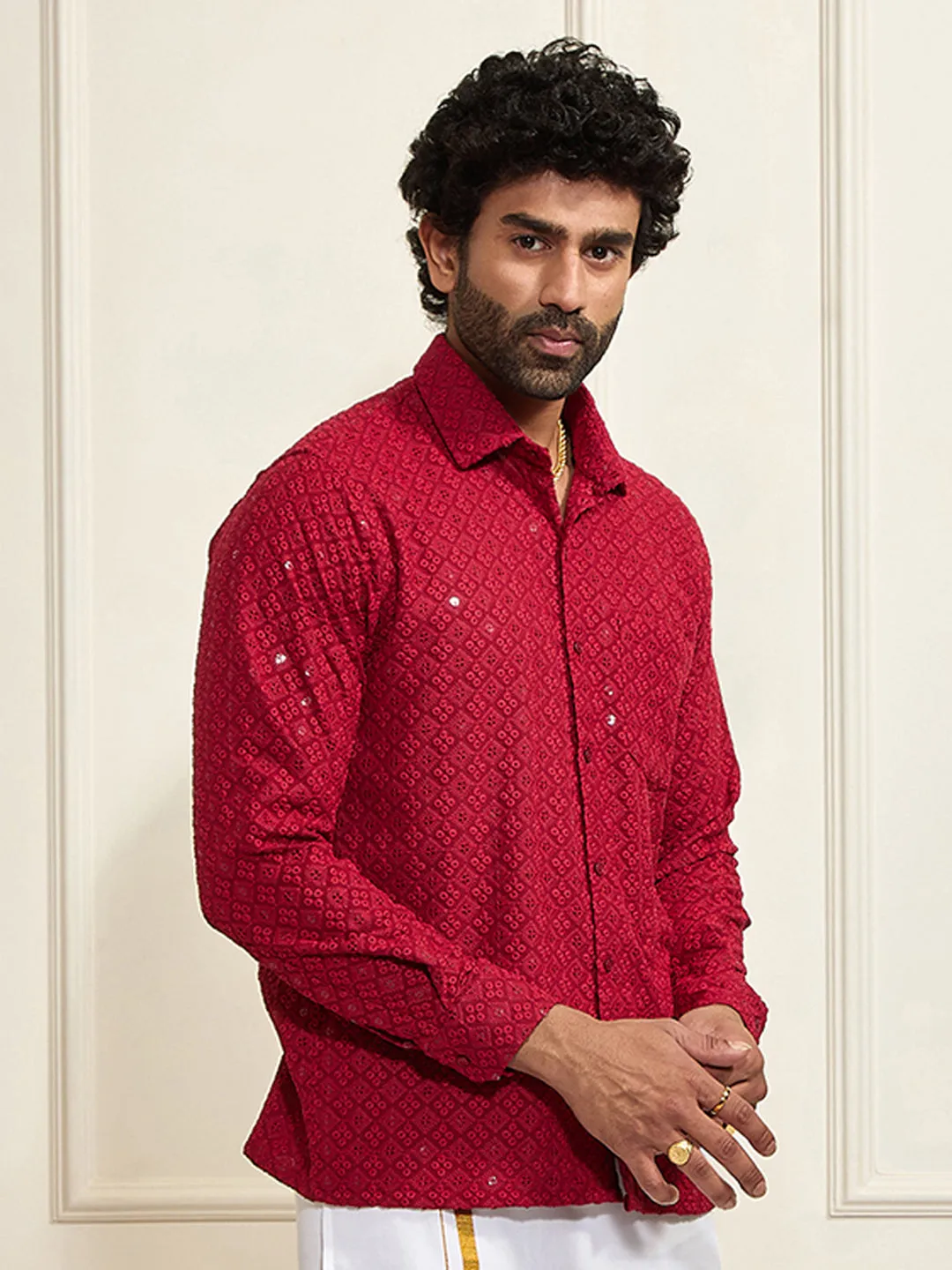 VM By VASTRAMAY Men's Maroon Rayon Embellished Shirt