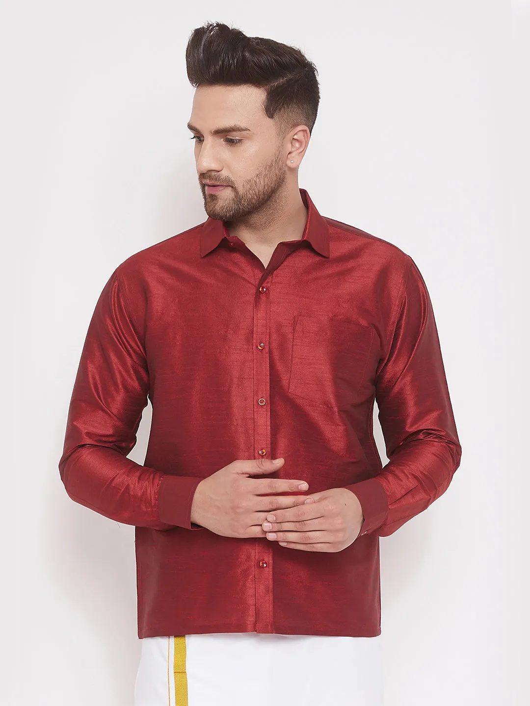 VM By VASTRAMAY Men's Maroon Silk Blend Ethnic Shirt