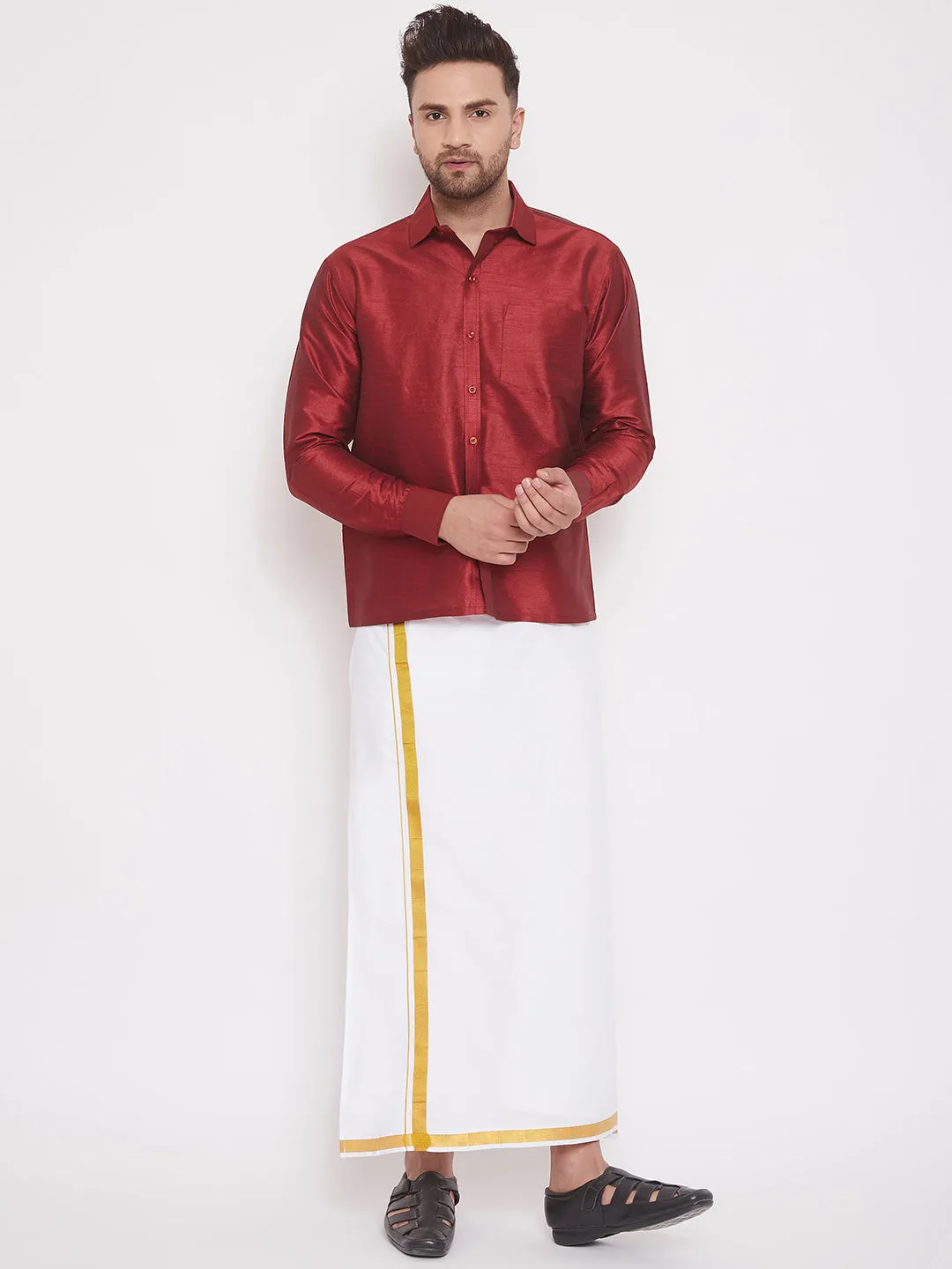 VM By VASTRAMAY Men's Maroon Silk Blend Ethnic Shirt