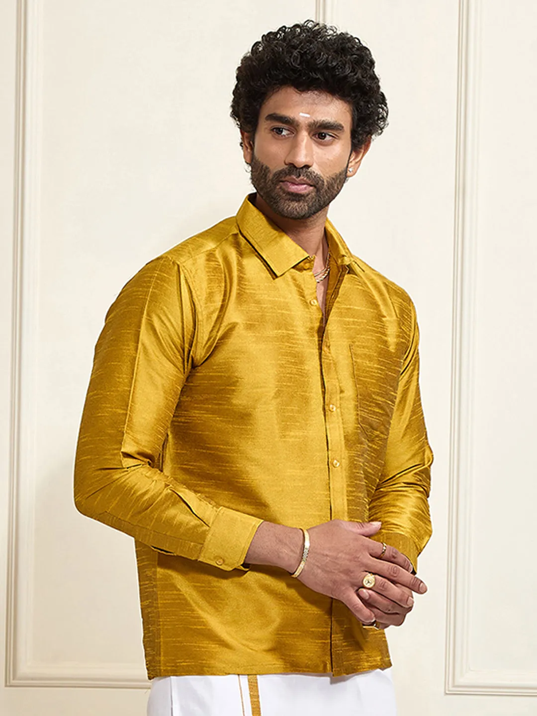 VM By VASTRAMAY Men's Mustard Silk Blend Ethnic Shirt