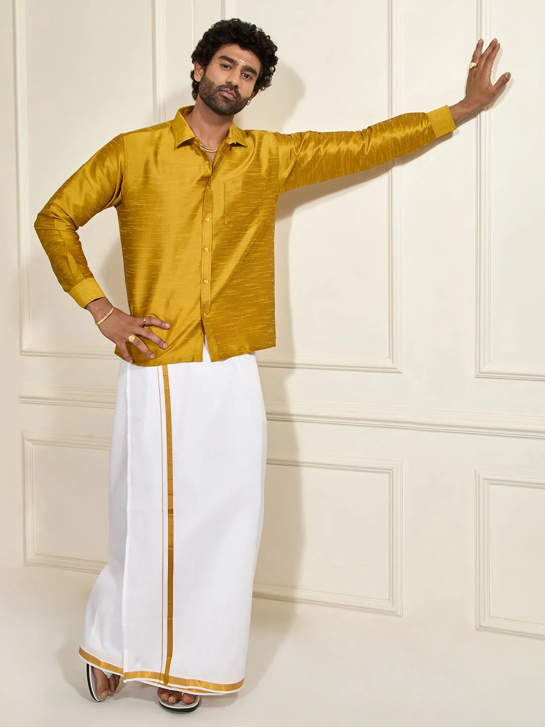 VM By VASTRAMAY Men's Mustard Silk Blend Ethnic Shirt