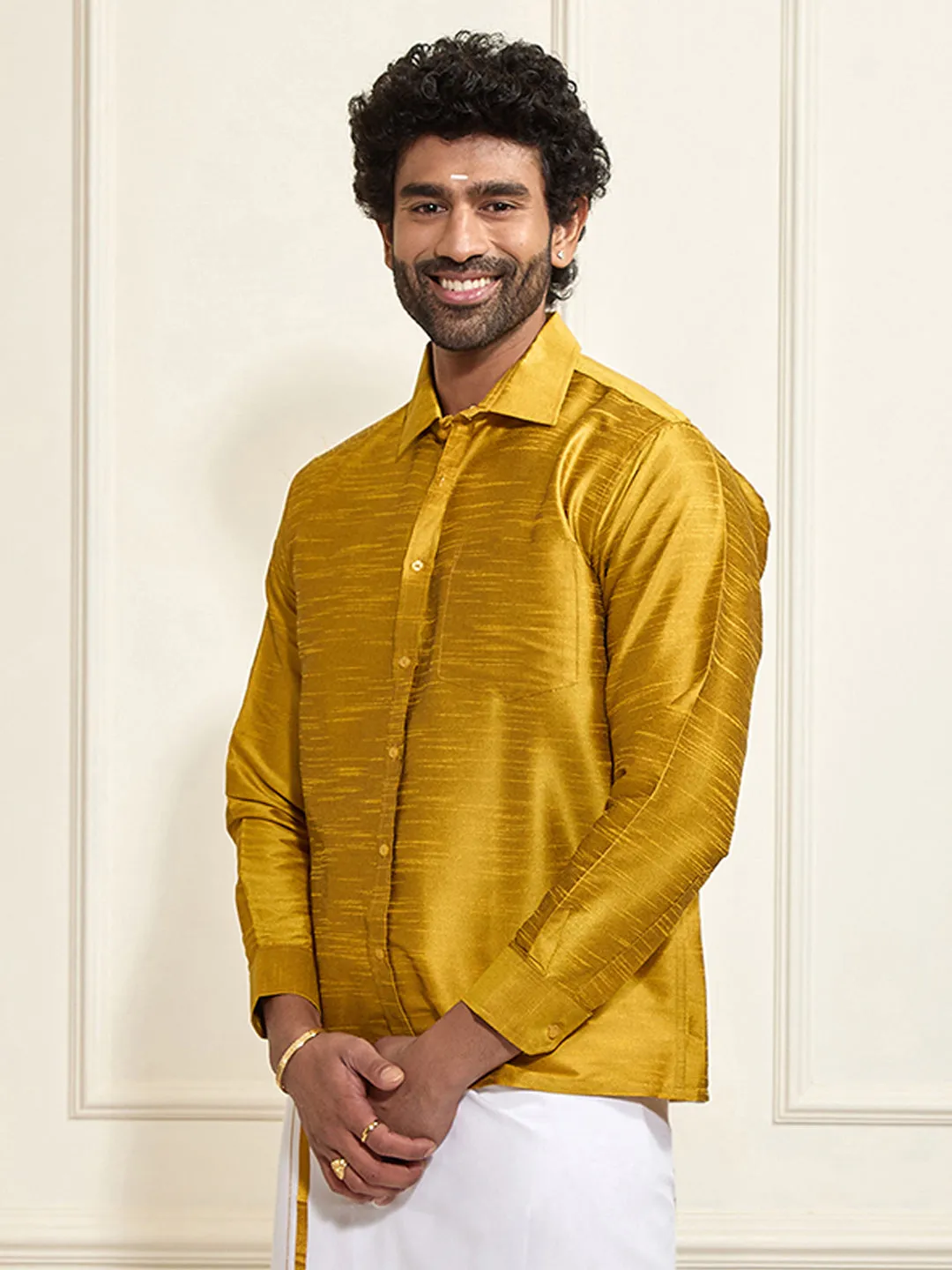 VM By VASTRAMAY Men's Mustard Silk Blend Ethnic Shirt