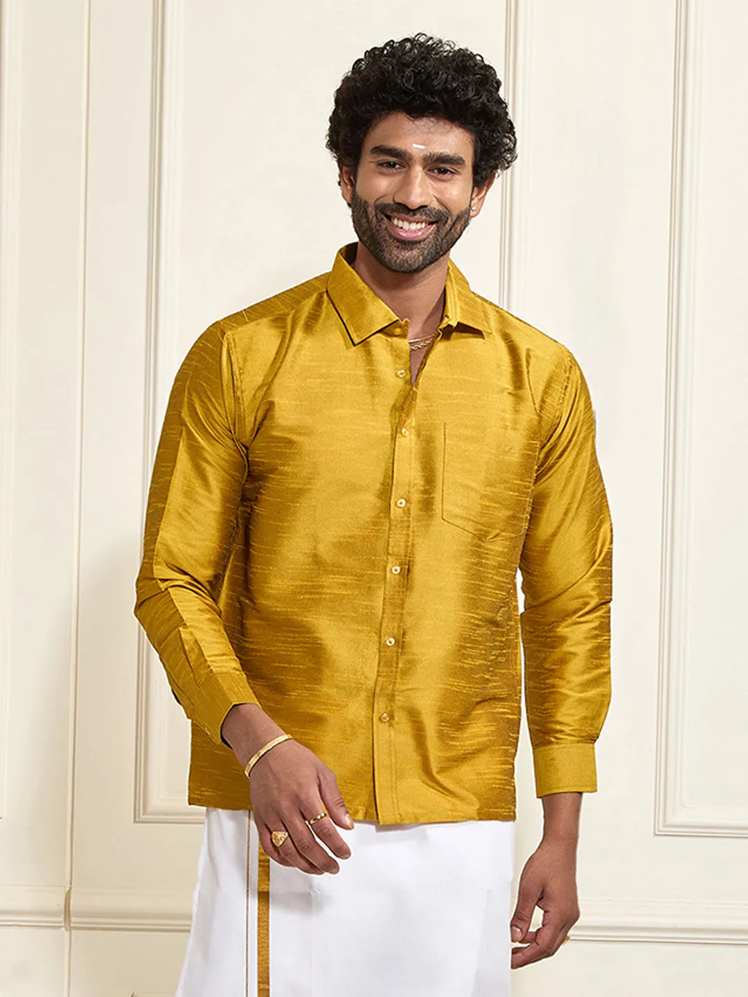 VM By VASTRAMAY Men's Mustard Silk Blend Ethnic Shirt