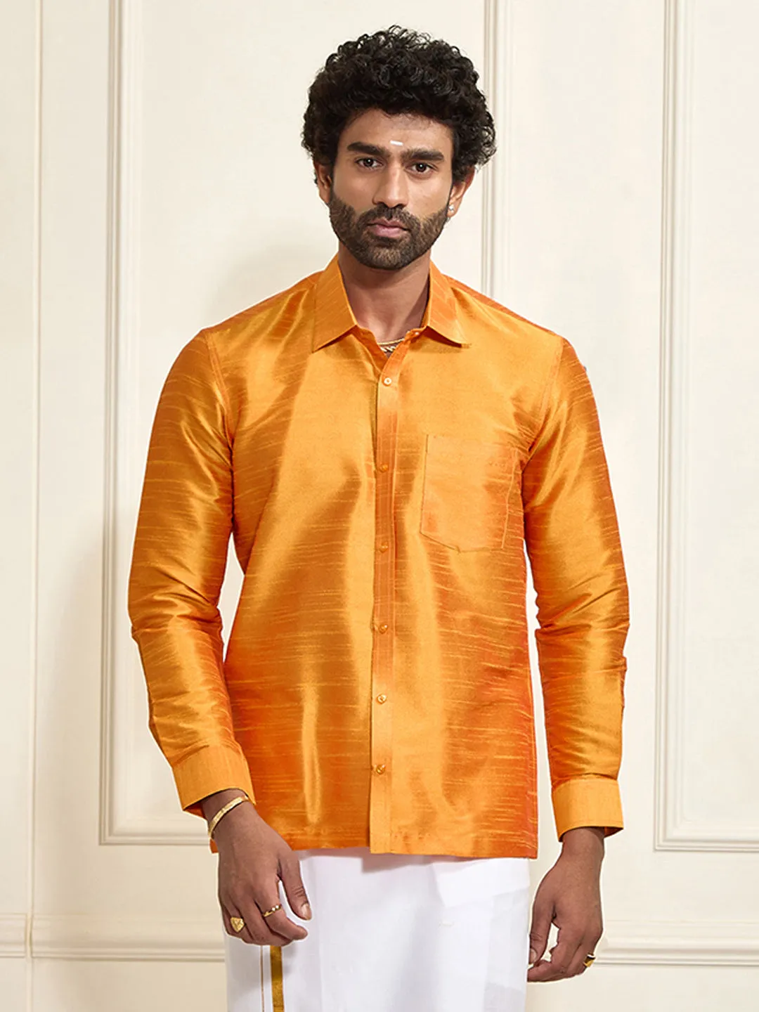 VM By VASTRAMAY Men's Orange Silk Blend Ethnic Shirt