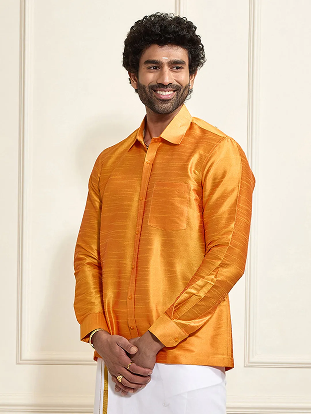 VM By VASTRAMAY Men's Orange Silk Blend Ethnic Shirt