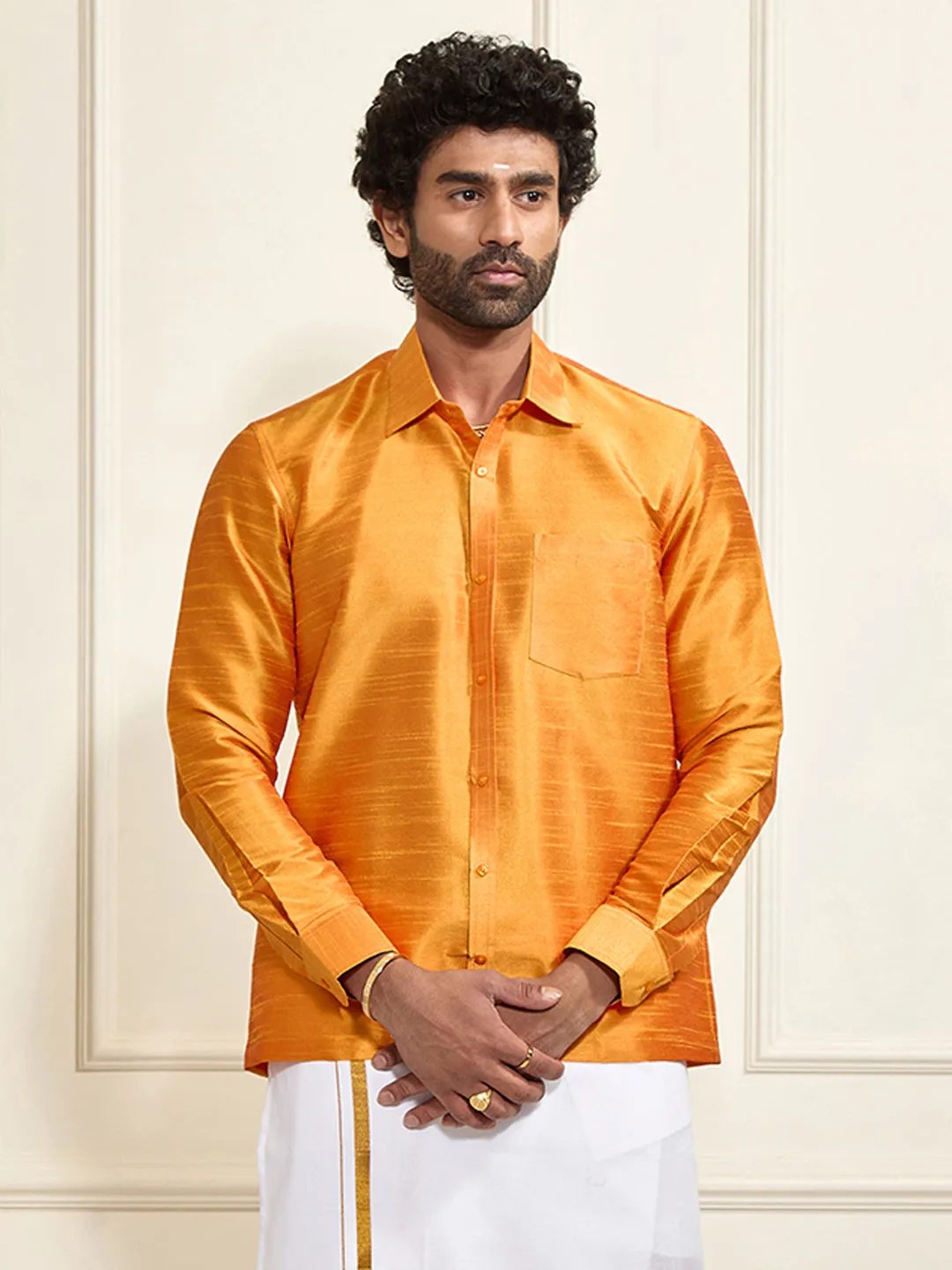 VM By VASTRAMAY Men's Orange Silk Blend Ethnic Shirt