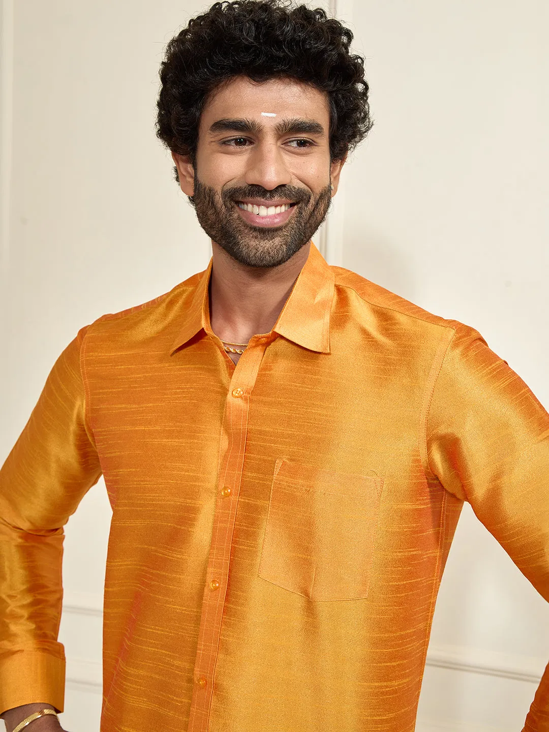 VM By VASTRAMAY Men's Orange Silk Blend Ethnic Shirt