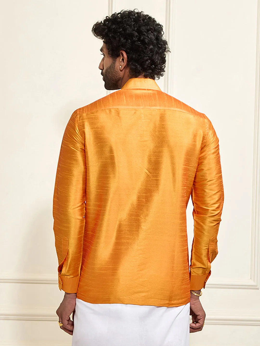 VM By VASTRAMAY Men's Orange Silk Blend Ethnic Shirt