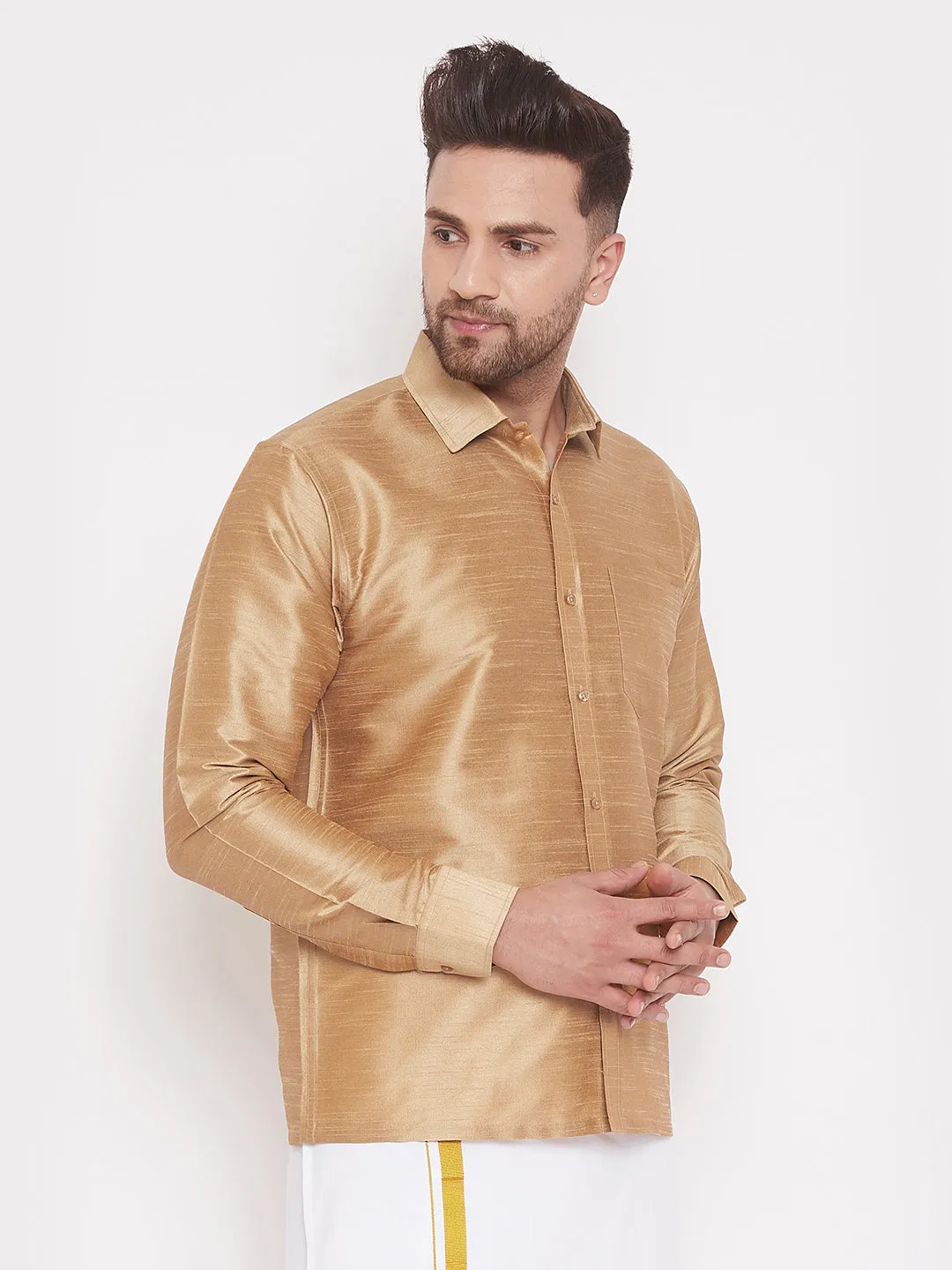 VM By VASTRAMAY Men's Rose Gold Silk Blend Ethnic Shirt