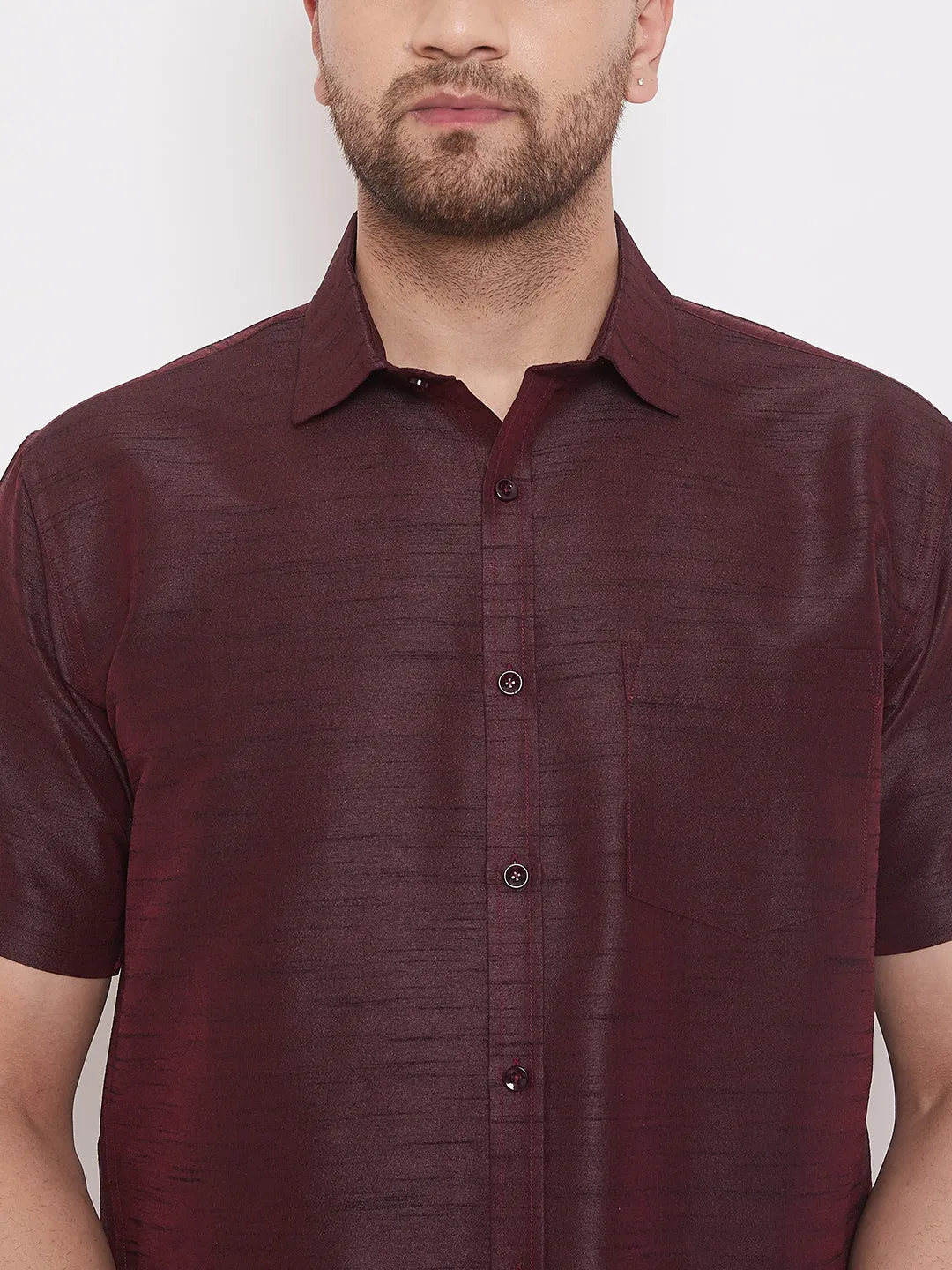 VM By VASTRAMAY Men's Wine Silk Blend Ethnic Shirt