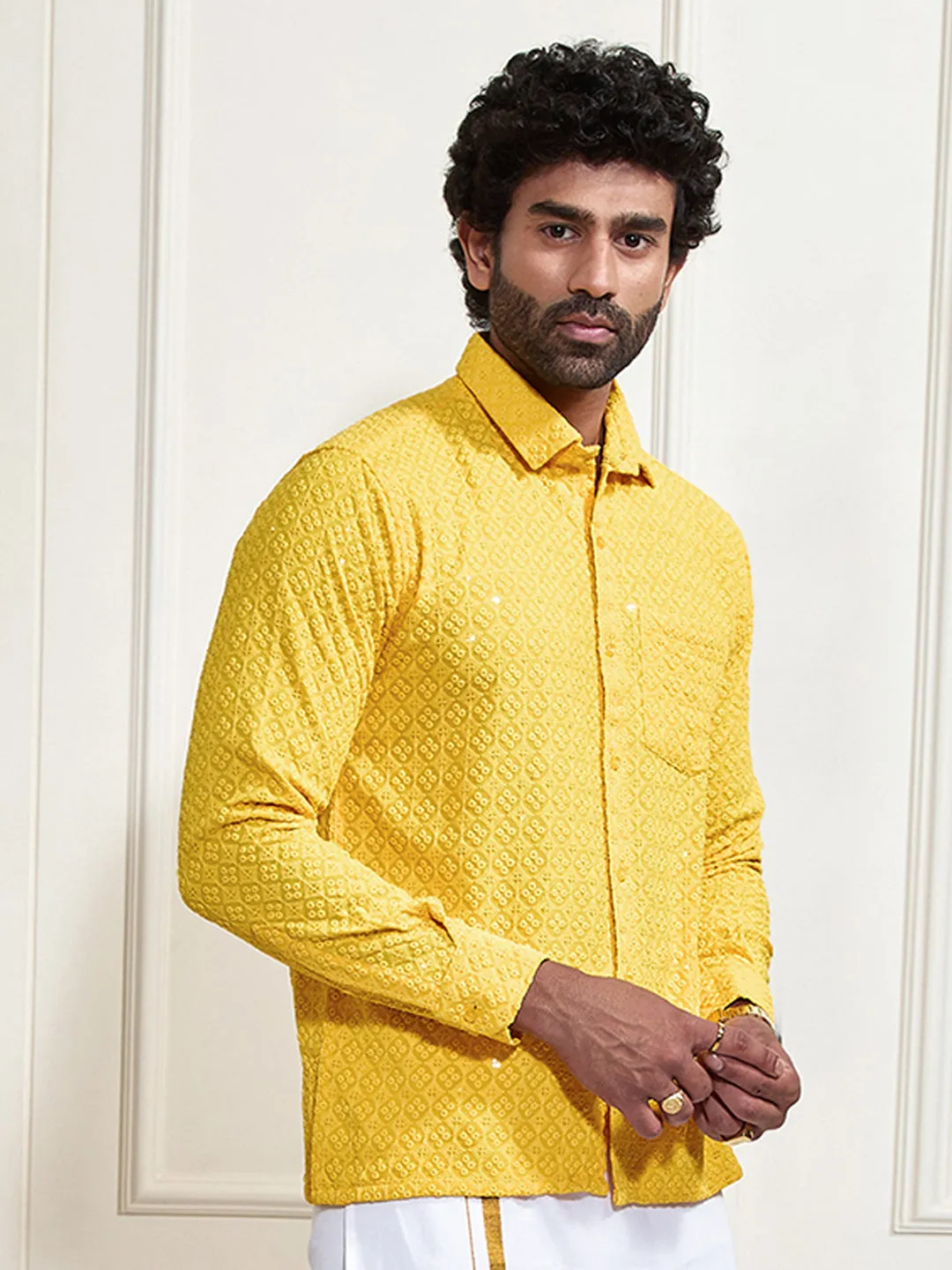 VM By VASTRAMAY Men's Yellow Rayon Embellished Shirt