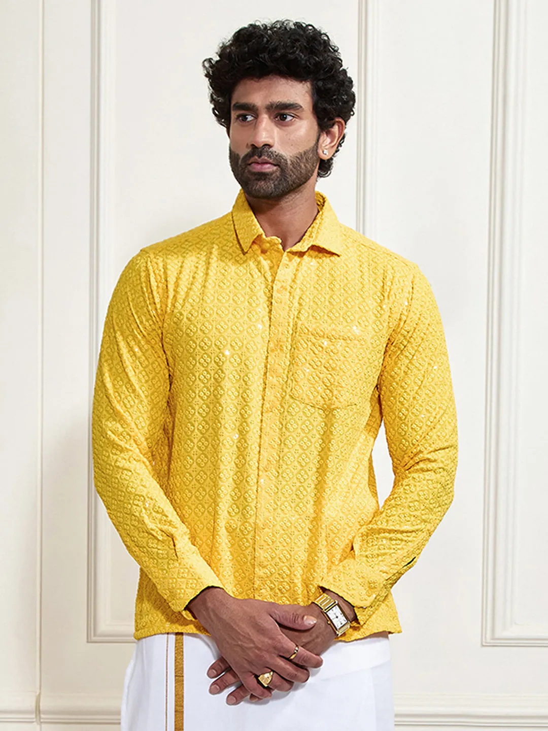 VM By VASTRAMAY Men's Yellow Rayon Embellished Shirt