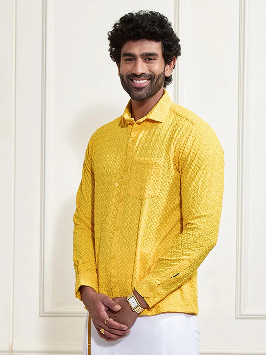 VM By VASTRAMAY Men's Yellow Rayon Embellished Shirt