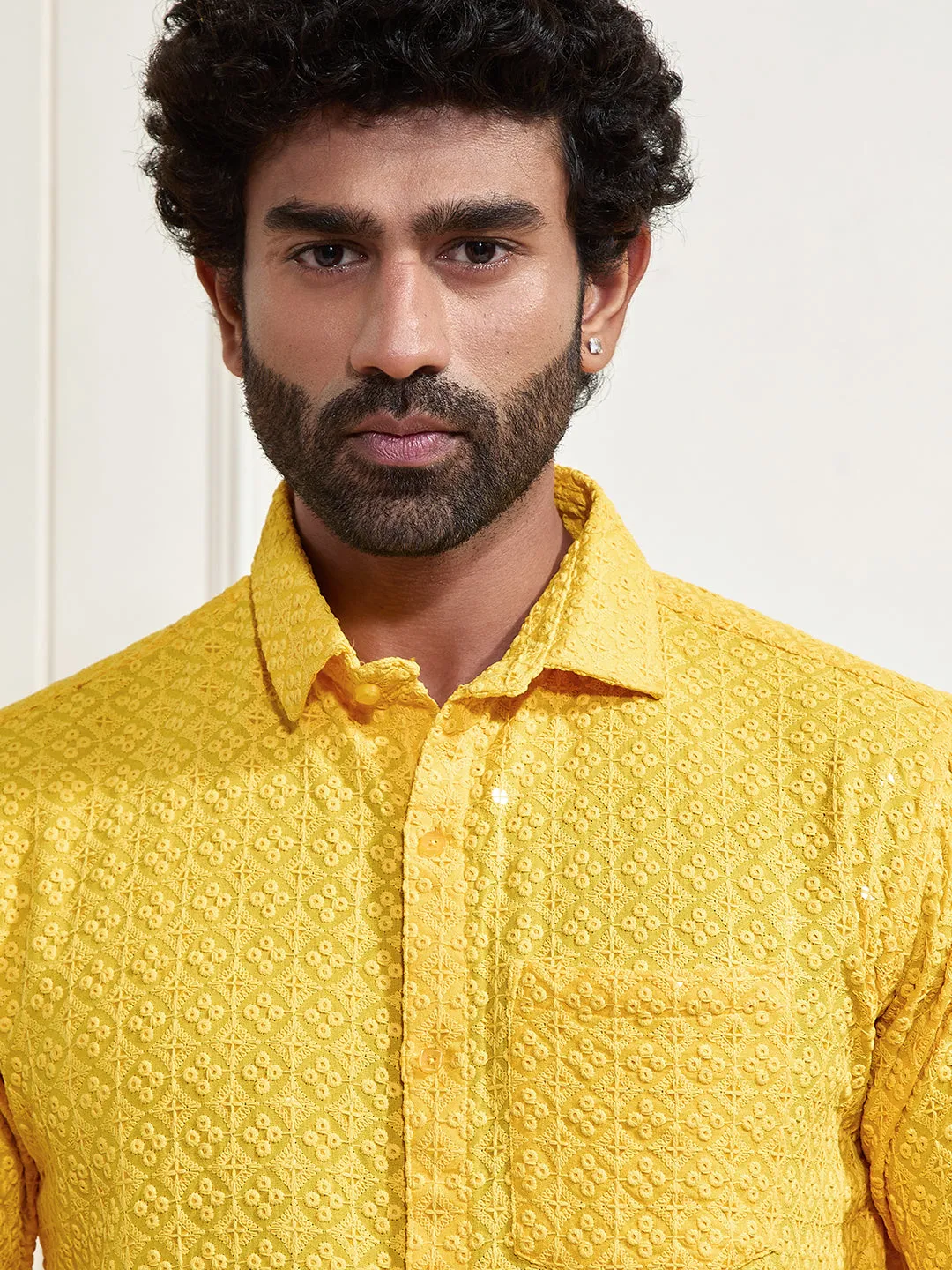 VM By VASTRAMAY Men's Yellow Rayon Embellished Shirt