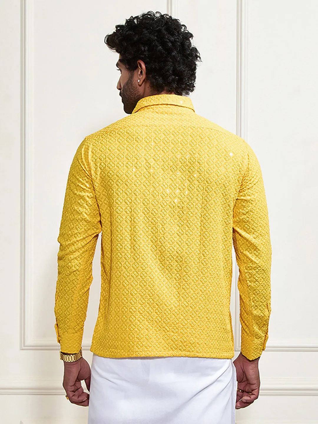 VM By VASTRAMAY Men's Yellow Rayon Embellished Shirt