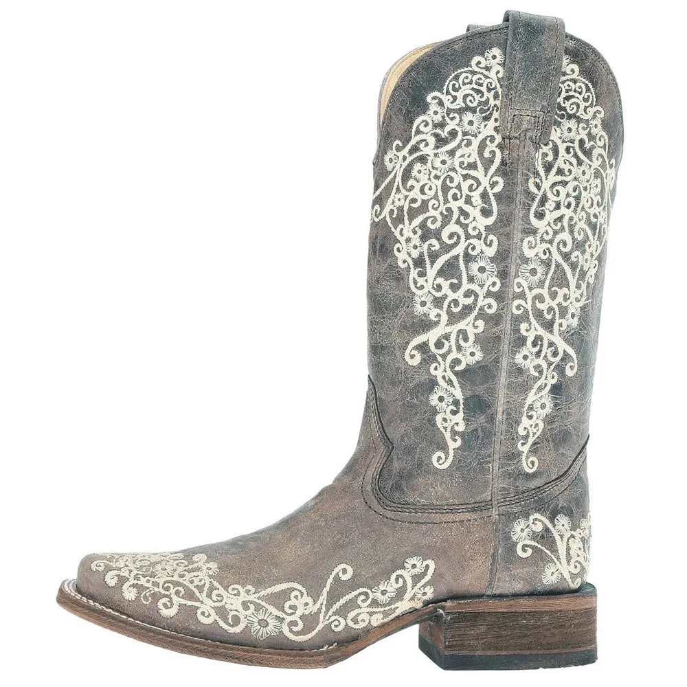 White Embroidered Square Toe Cowboy Boots