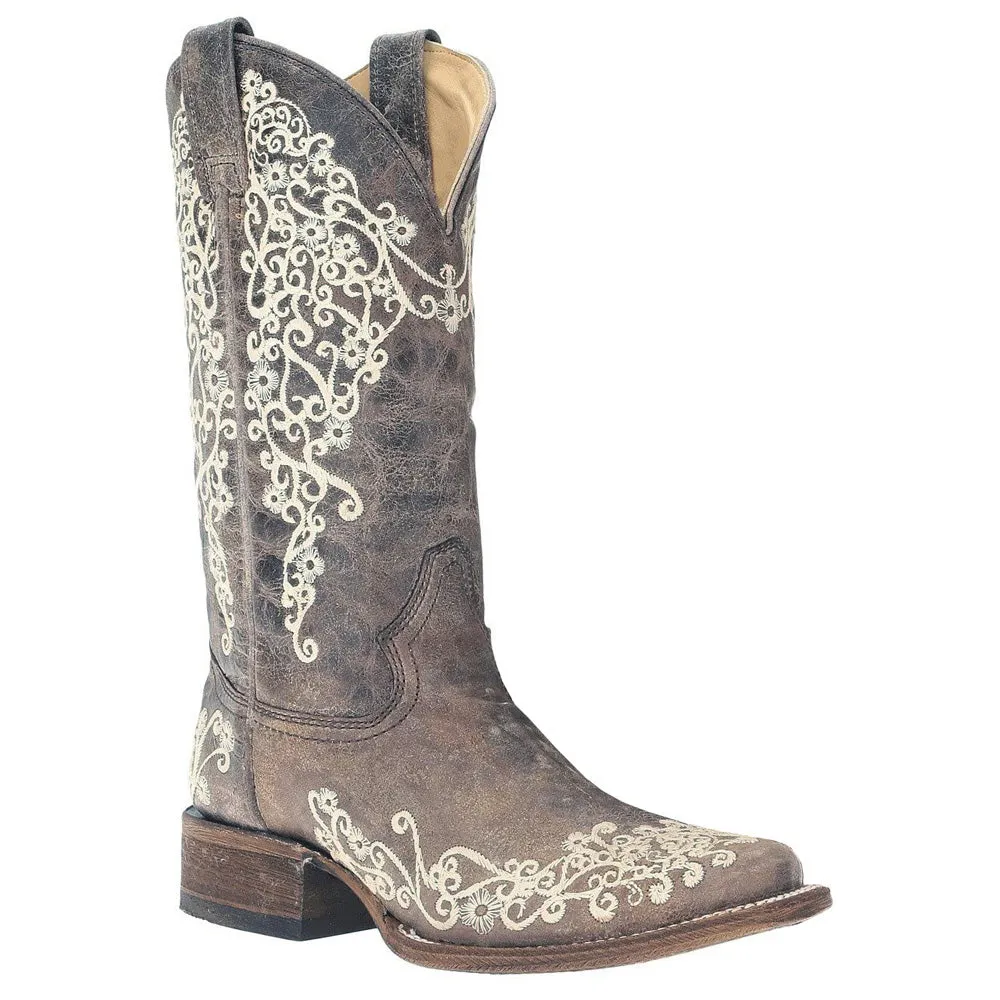 White Embroidered Square Toe Cowboy Boots