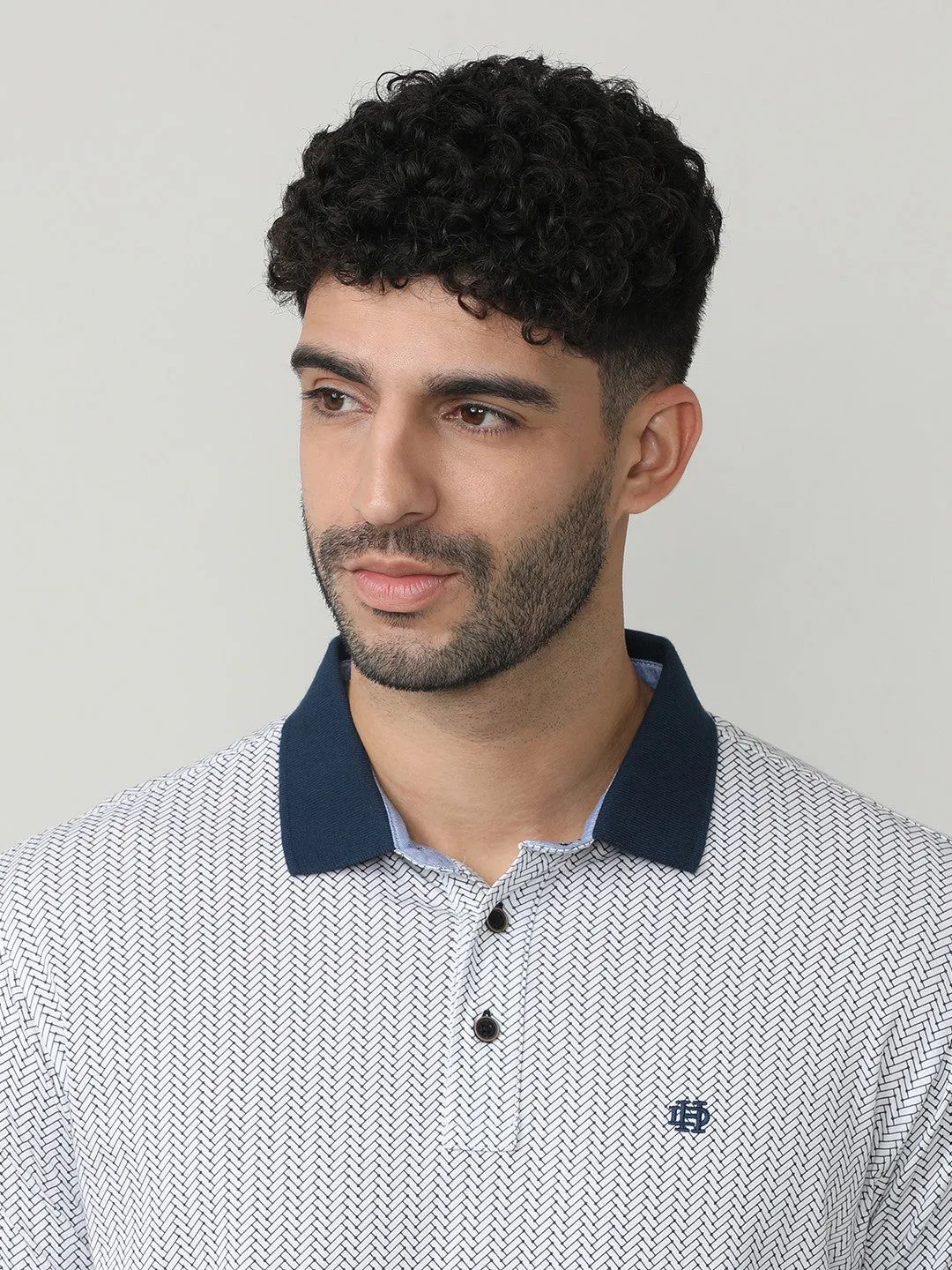 White Pique Lycra Micro Graphic Printed Polo T-shirt With Contrast Collar