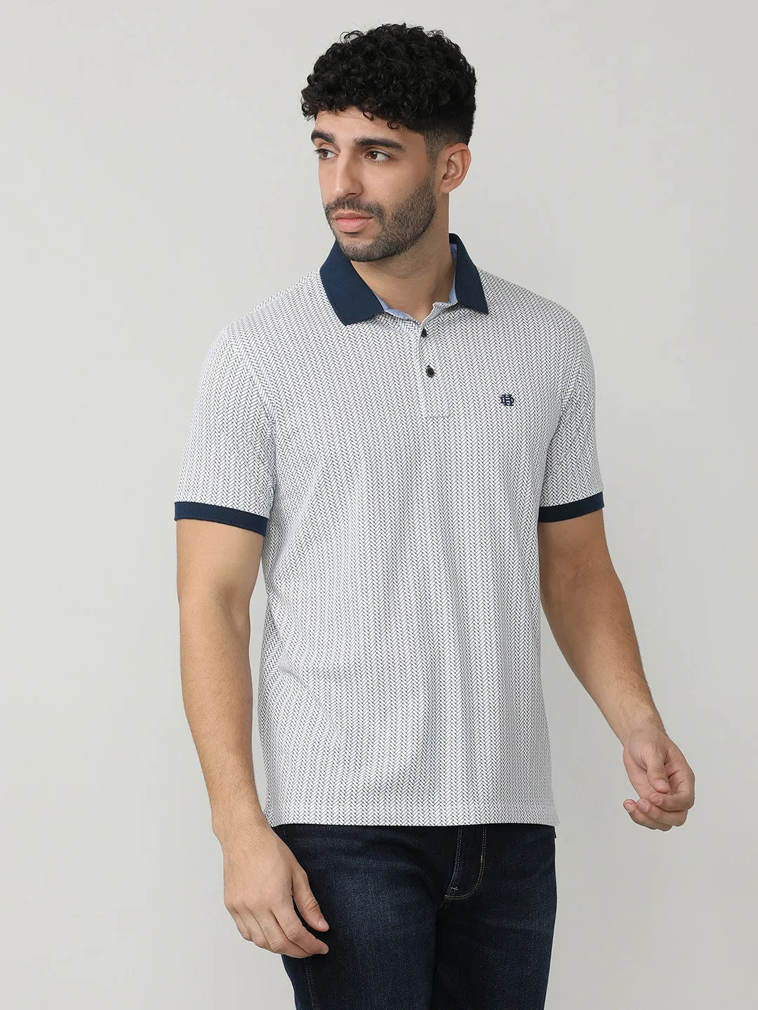 White Pique Lycra Micro Graphic Printed Polo T-shirt With Contrast Collar