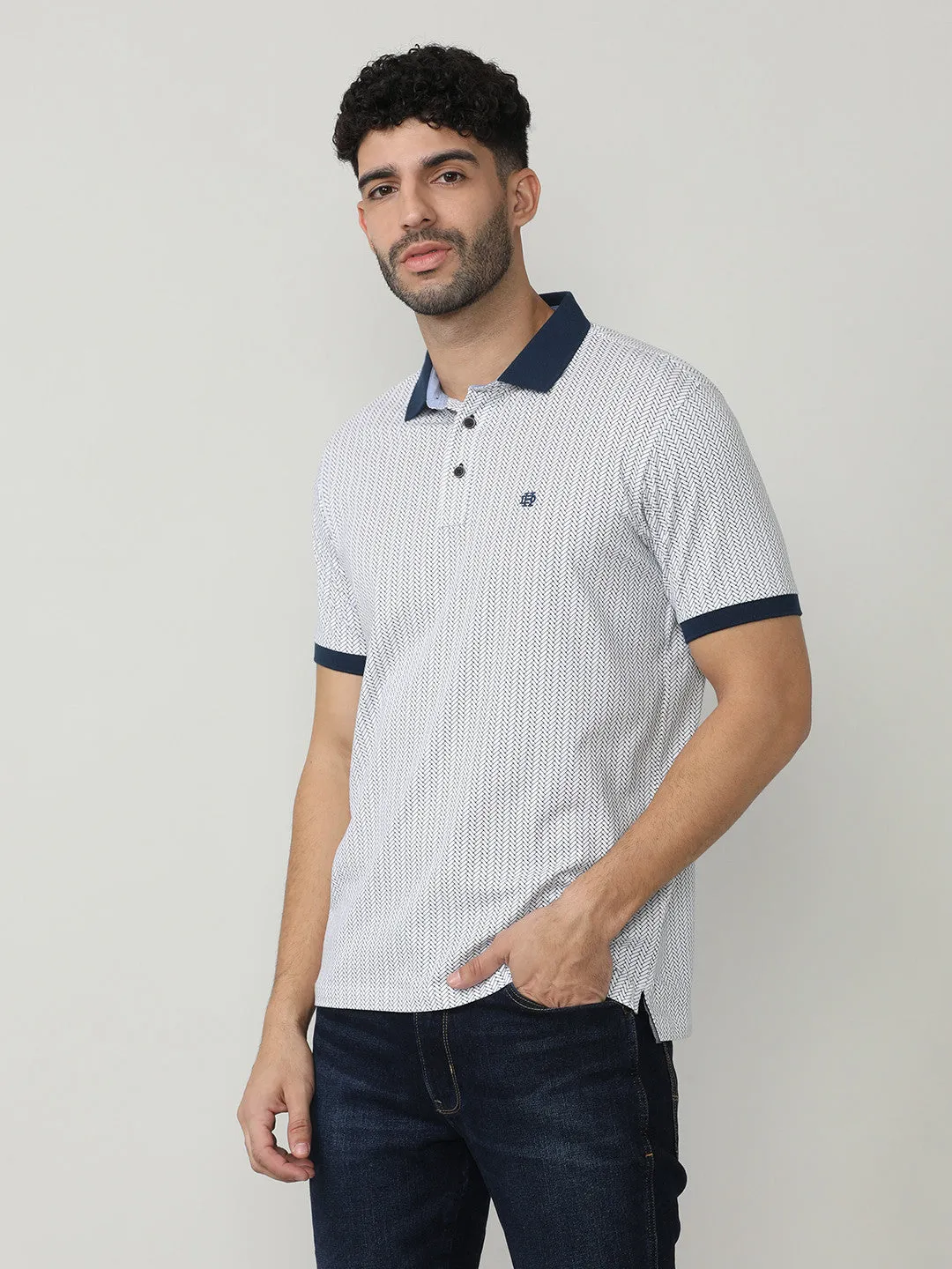 White Pique Lycra Micro Graphic Printed Polo T-shirt With Contrast Collar