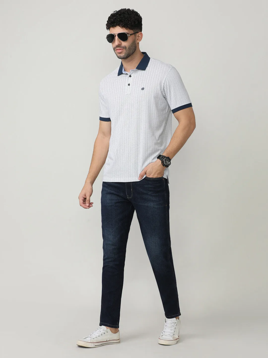 White Pique Lycra Micro Graphic Printed Polo T-shirt With Contrast Collar