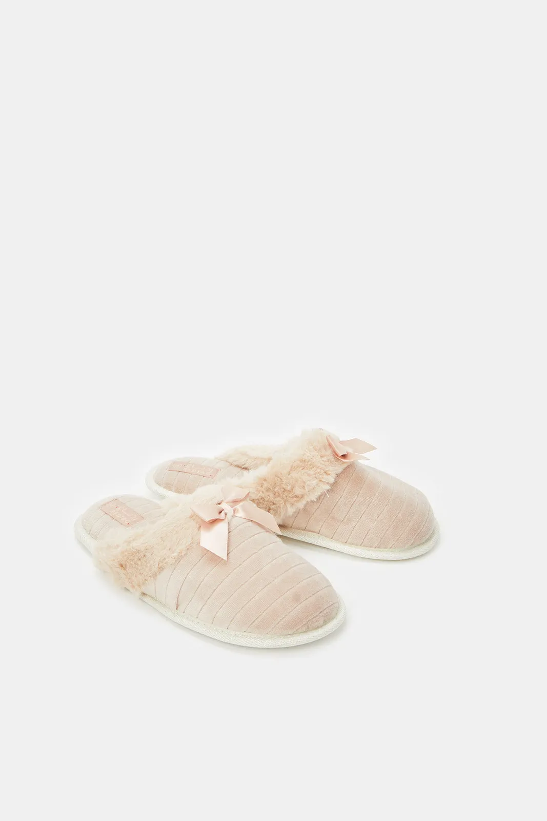 Women Beige Closed Toe Slippers With Satin Bow