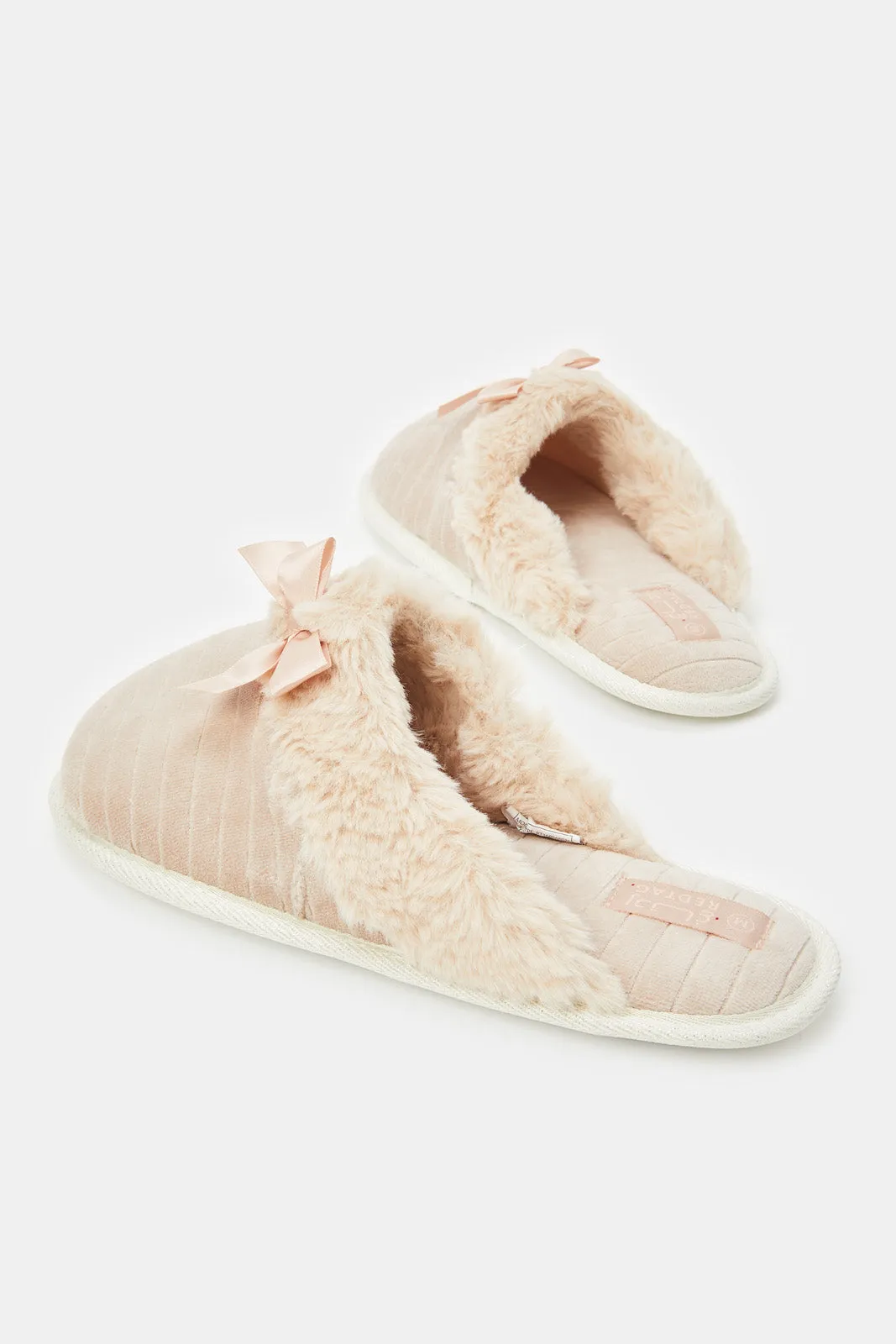 Women Beige Closed Toe Slippers With Satin Bow