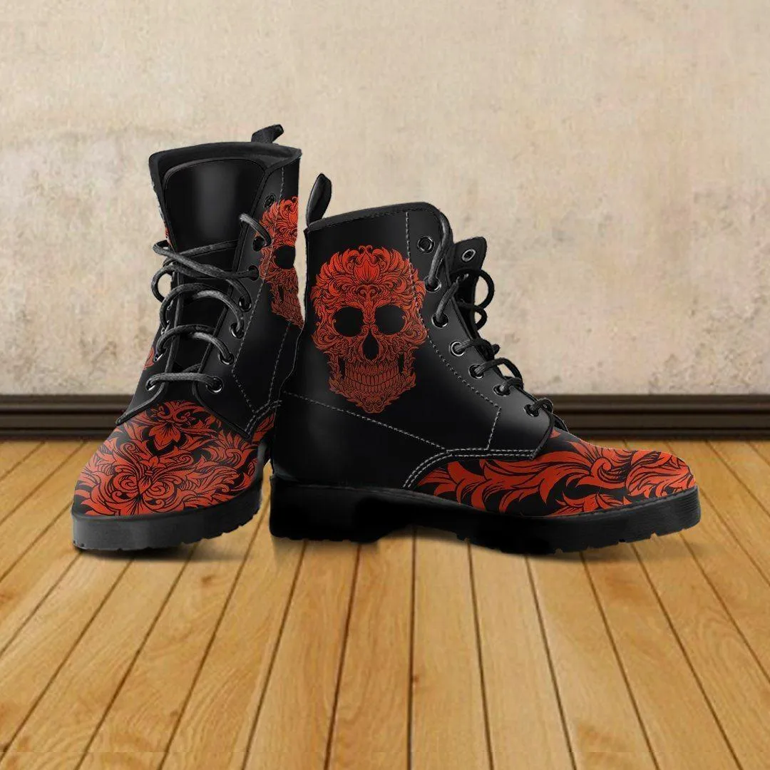 Women's Bloody Skull Boots, Vegan-Friendly Leather, Black/Red