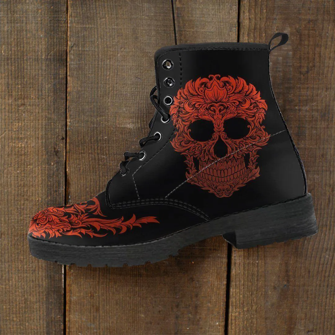 Women's Bloody Skull Boots, Vegan-Friendly Leather, Black/Red