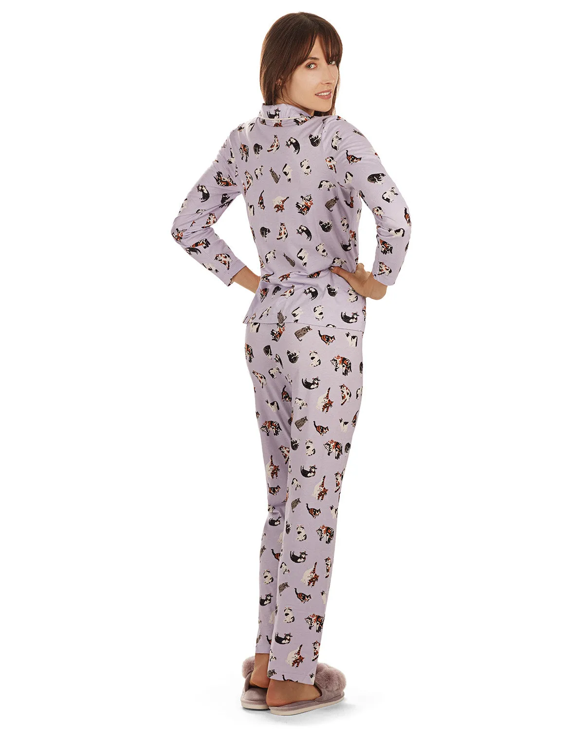 Women's Crazy Cats Notch Collar Cotton Blend Pant Pajama Set