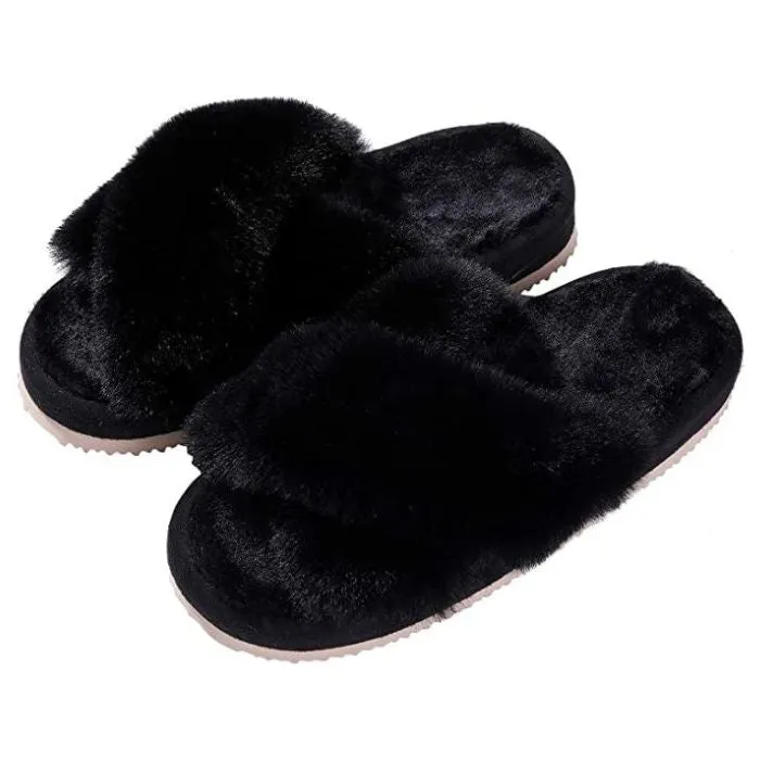 Women's Soft Plush Fuzzy Cross Band Open Toe Slippers